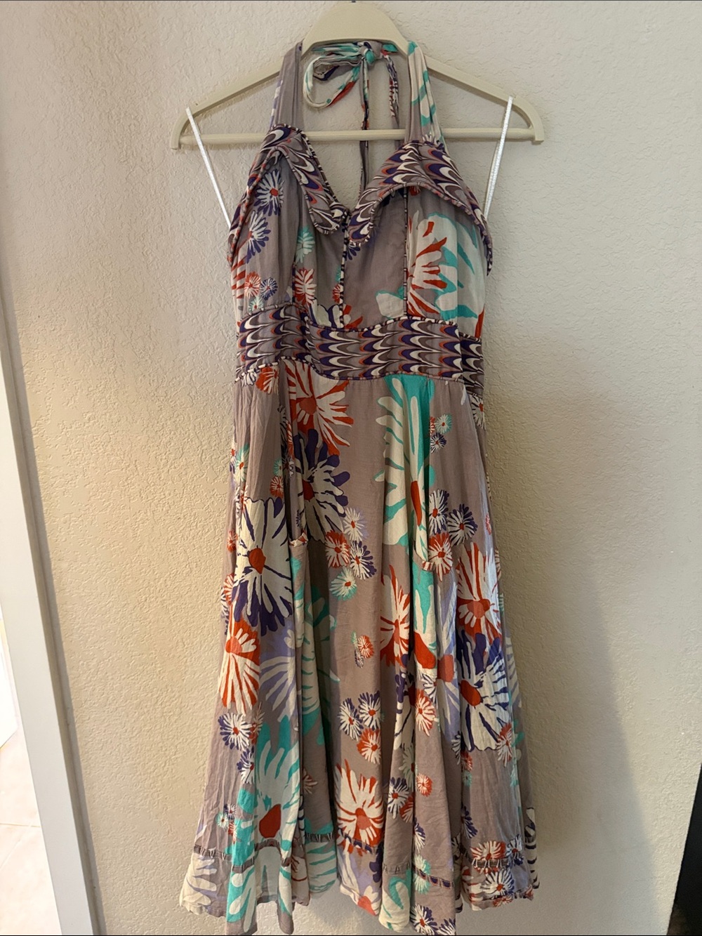 Taupe Floral Halter Midi Dress with Teal & Orange Blooms